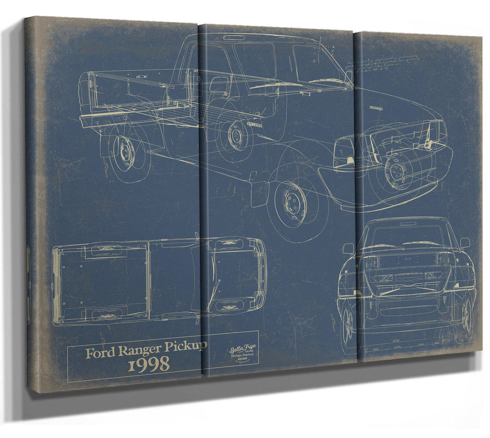 Cutler West 1998 Ford Ranger Pickup blueprint on grey stretched canvas wrap showing multiple vehicle views and schematics