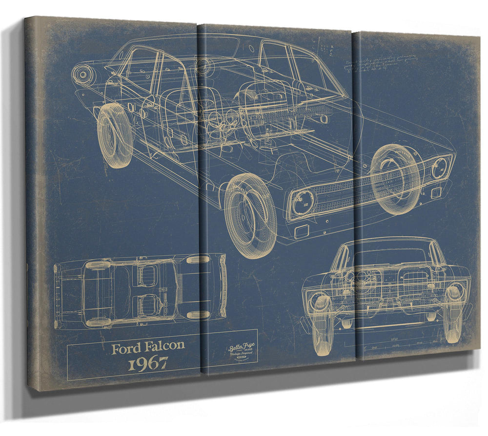 Cutler West 1967 Ford Falcon blueprint with multiple view angles on brown canvas wrap