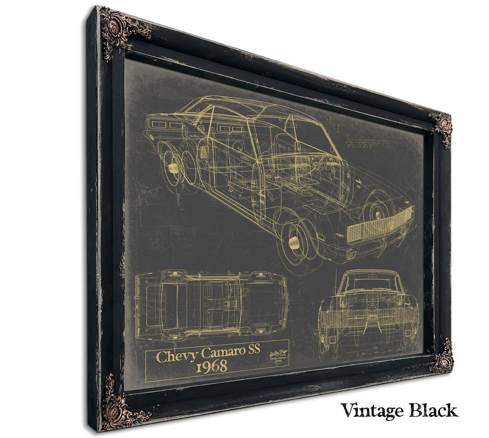 Cutler West 1968 Chevy Camaro SS blueprint in gold lines on grey background with black frame