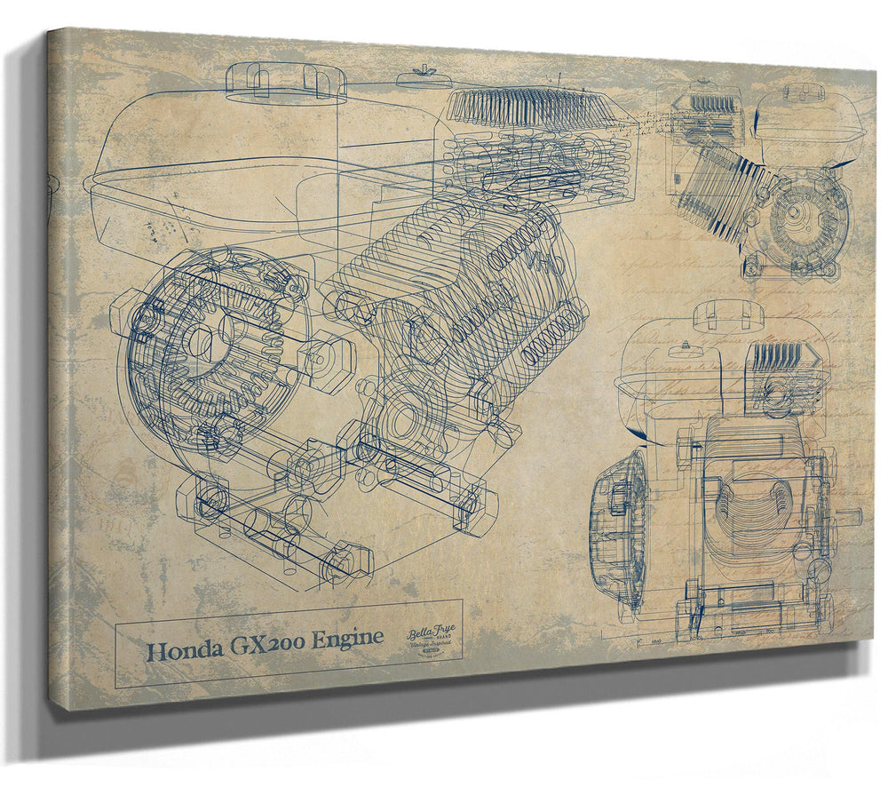 Cutler West Honda GX200 Engine technical blueprint on brown canvas wrap showing detailed cross-section and multiple views