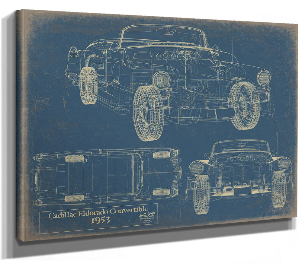 Cutler West 1953 Cadillac Eldorado Convertible technical blueprint on blue background, stretched canvas wrap