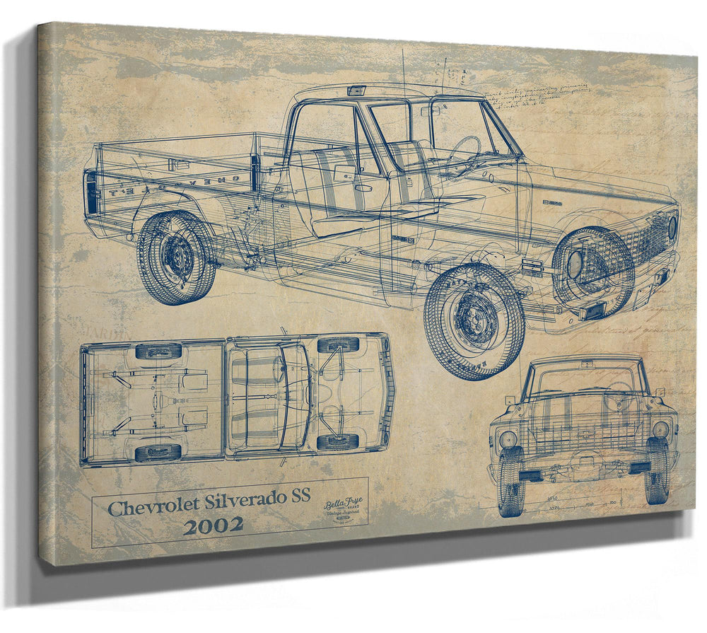 Cutler West Chevrolet Silverado SS 2002 blueprint with side, top, and front views on brown canvas wrap