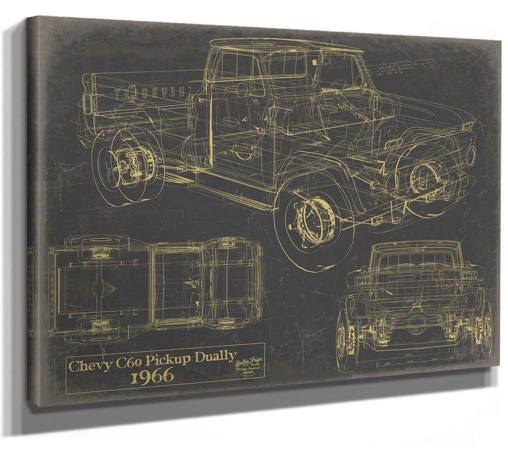 Cutler West 1966 Chevy C60 Pickup Dually blueprint on grey stretched canvas wrap showing multiple vehicle views