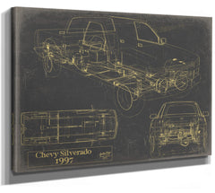 Cutler West Vintage 1997 Chevrolet Silverado Car Model Print, Original Blueprint Canvas, Framed, or Unframed Art