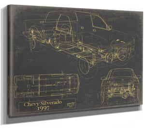 Cutler West Vintage 1997 Chevrolet Silverado Car Model Print, Original Blueprint Canvas, Framed, or Unframed Art