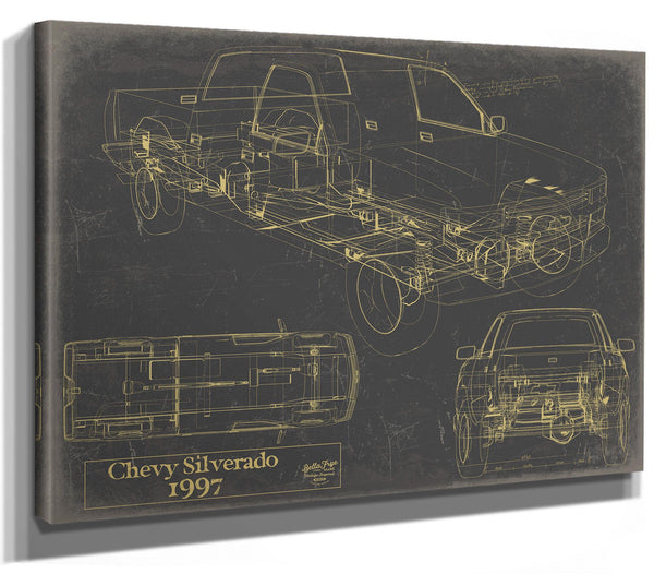 Cutler West Vintage 1997 Chevrolet Silverado Car Model Print, Original Blueprint Canvas, Framed, or Unframed Art