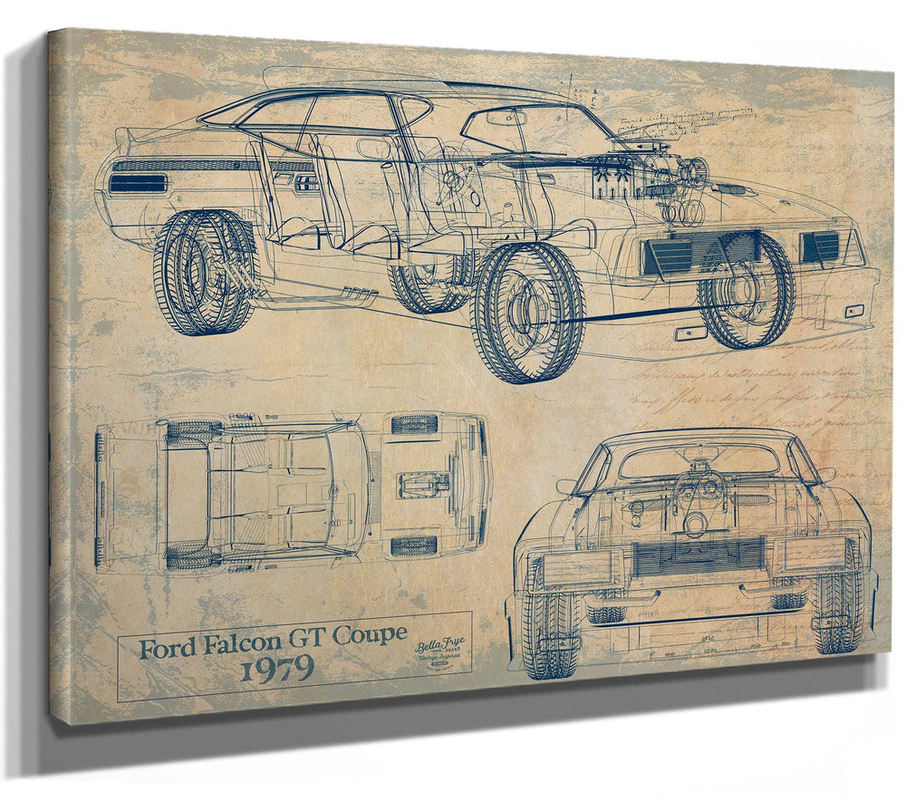 Cutler West Ford Falcon GT Coupe 1979 technical blueprint on brown sepia canvas, showing three vehicle views and detailed specifications