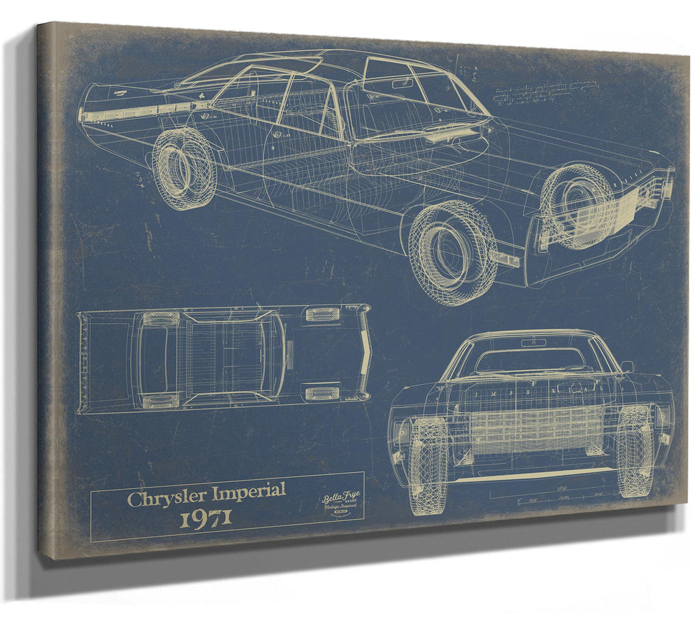 Cutler West 1971 Chrysler Imperial blueprint print on blue stretched canvas showing side, top, and front views