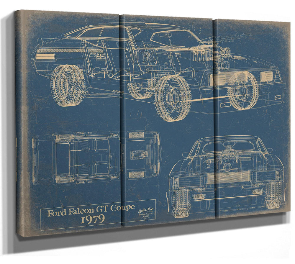 Cutler West Ford Falcon GT Coupe 1979 technical blueprint on brown sepia canvas, showing three vehicle views and detailed specifications