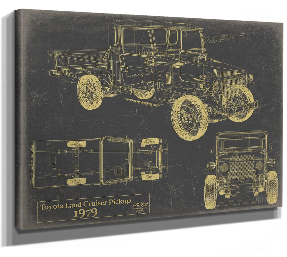 Cutler West 1979 Toyota Land Cruiser Pickup blueprint in gold on grey stretched canvas
