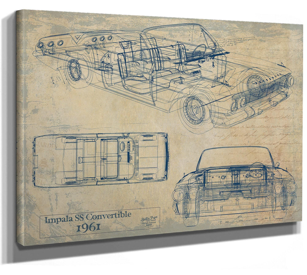Cutler West 1961 Impala SS Convertible technical blueprint on brown canvas wrap showing side, top, and front views
