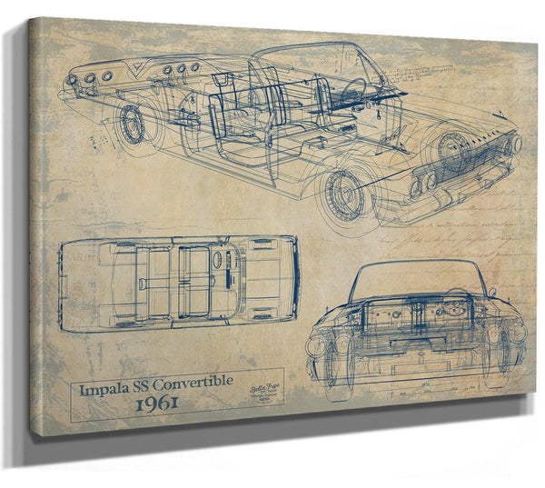 Cutler West Vintage 1961 Chevrolet Impala SS Convertible Car Model Print, Original Blueprint Canvas