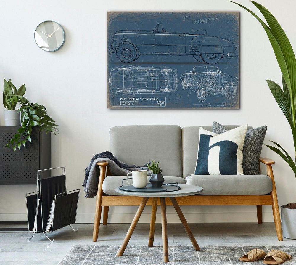 Cutler West 1949 Pontiac Convertible technical blueprint on blue background, stretched canvas