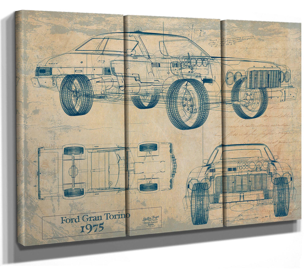 Cutler West 1975 Ford Gran Torino blueprint showing side, top, and front views on blue background stretched canvas