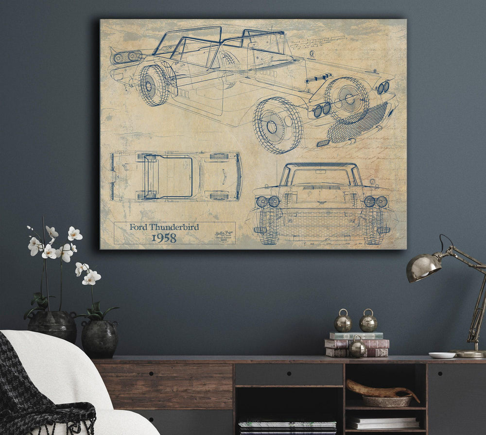 Cutler West 1958 Ford Thunderbird blueprint with multiple view angles on blue background canvas wrap