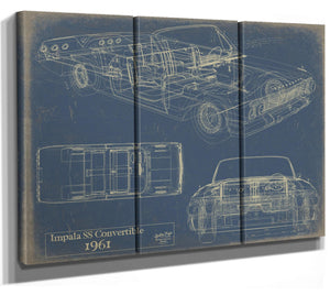 Cutler West Vintage 1961 Chevrolet Impala SS Convertible Car Model Print, Original Blueprint Canvas