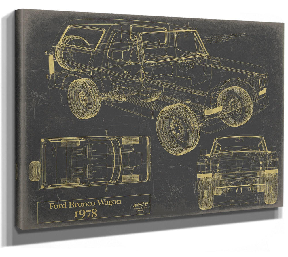 Cutler West 1978 Ford Bronco Wagon technical blueprint in gold on grey stretched canvas wrap