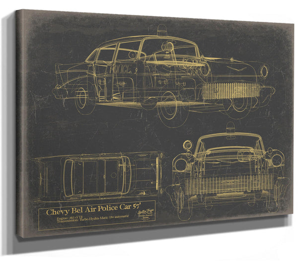 Cutler West Vintage 1957 Chevy Bel Air Police Car Blueprint - Gifts for Boyfriend - Original Auto Poster