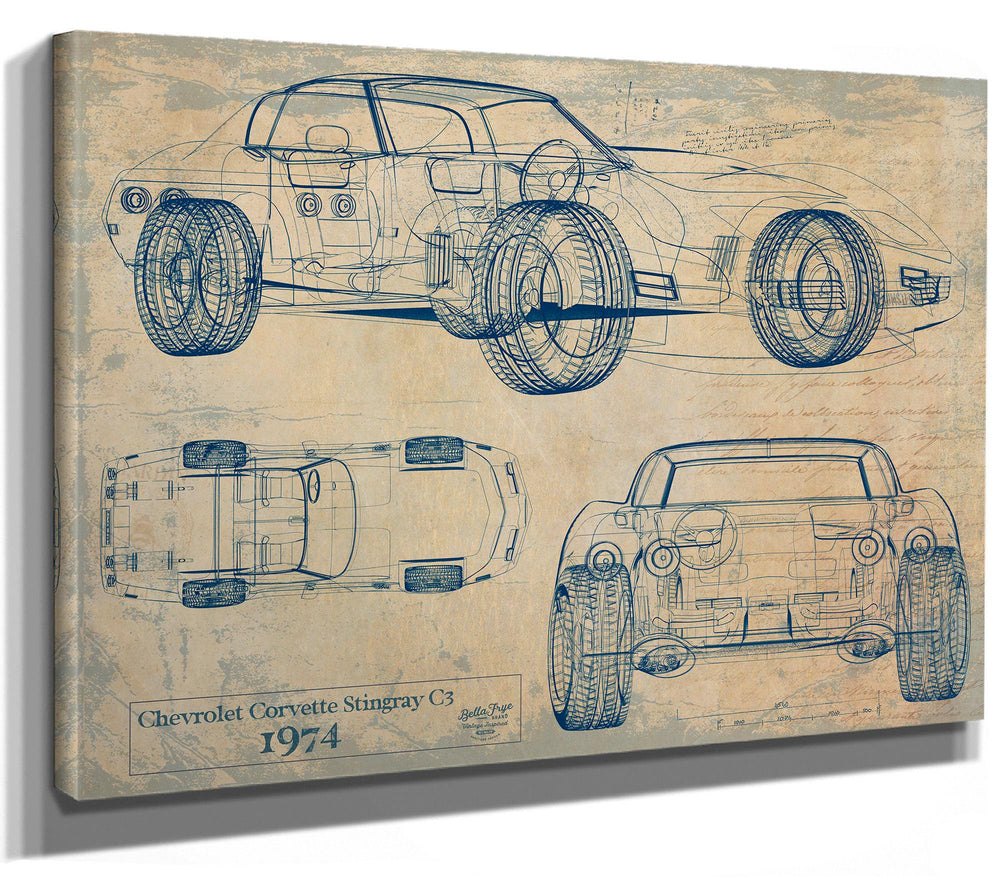 Cutler West 1974 Chevrolet Corvette Stingray C3 technical blueprint on brown canvas wrap with side, top and front views