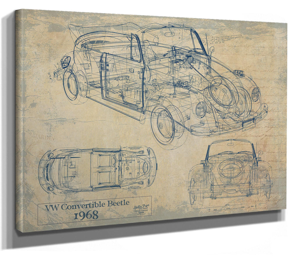 Cutler West 1968 VW Convertible Beetle technical blueprint drawing on brown canvas with three elevation views