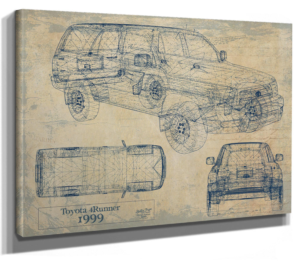 Cutler West 1999 Toyota 4Runner blueprint on brown canvas wrap showing multiple vehicle angles