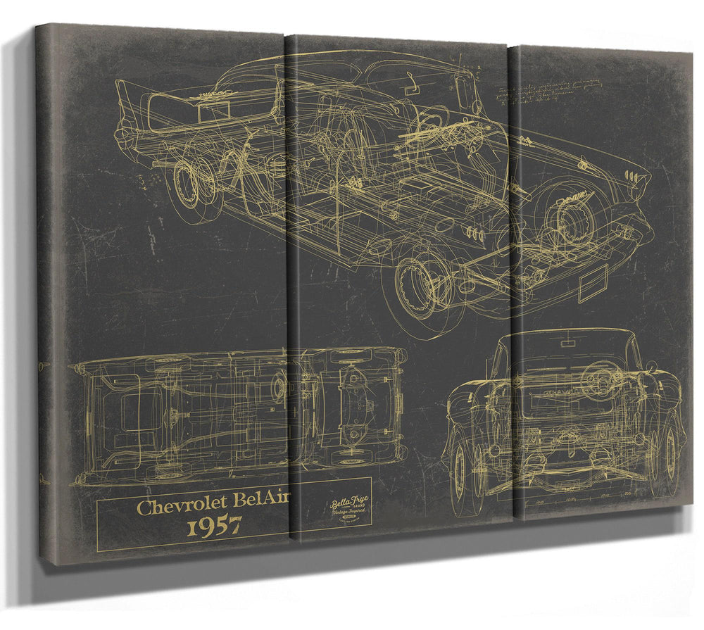 Cutler West 1957 Chevrolet BelAir technical blueprint drawing on brown canvas wrap showing side, top, and front views