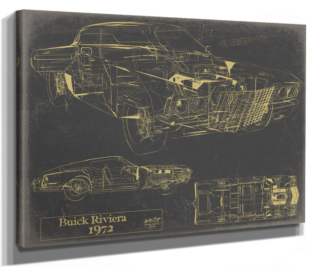 Cutler West 1972 Buick Riviera blueprint with cutaway engine and interior views on grey stretched canvas