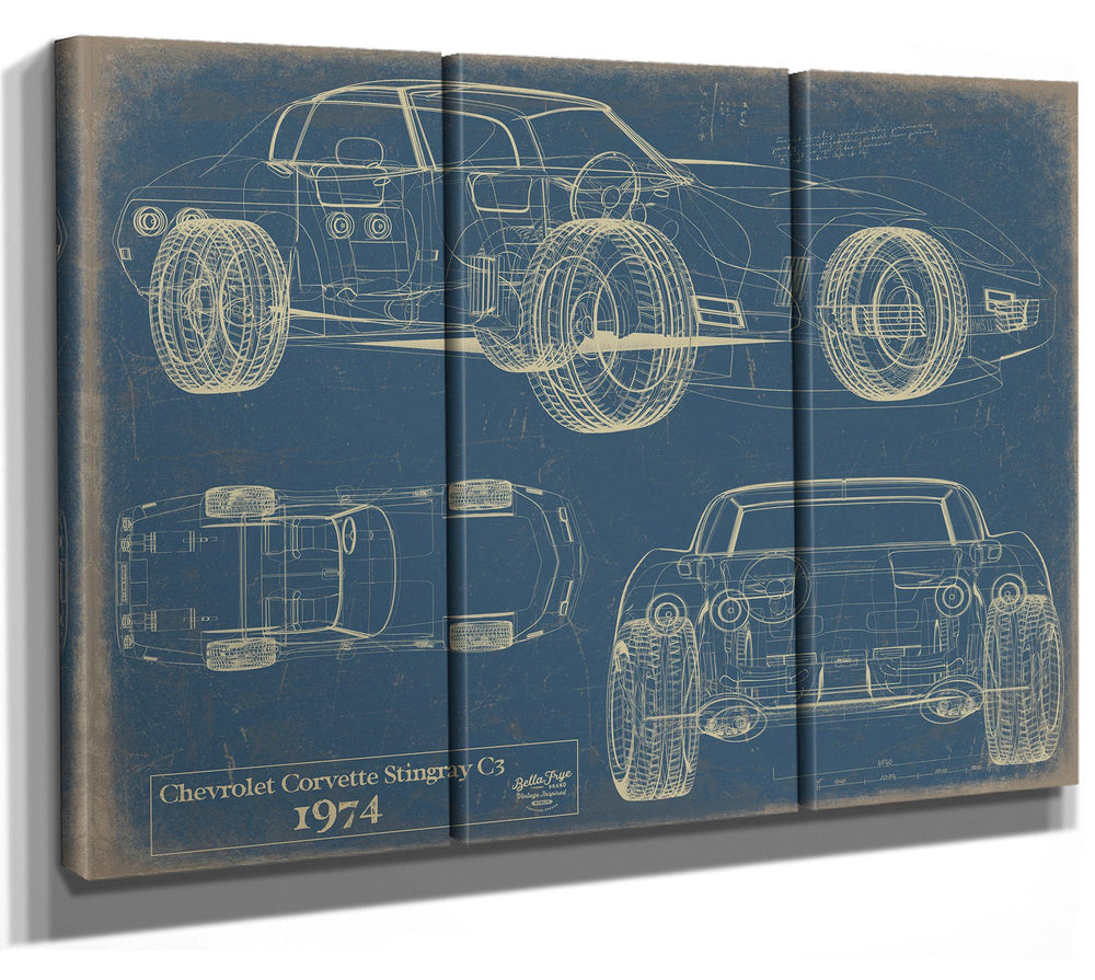 Cutler West 1974 Chevrolet Corvette Stingray C3 technical blueprint on brown canvas wrap with side, top and front views