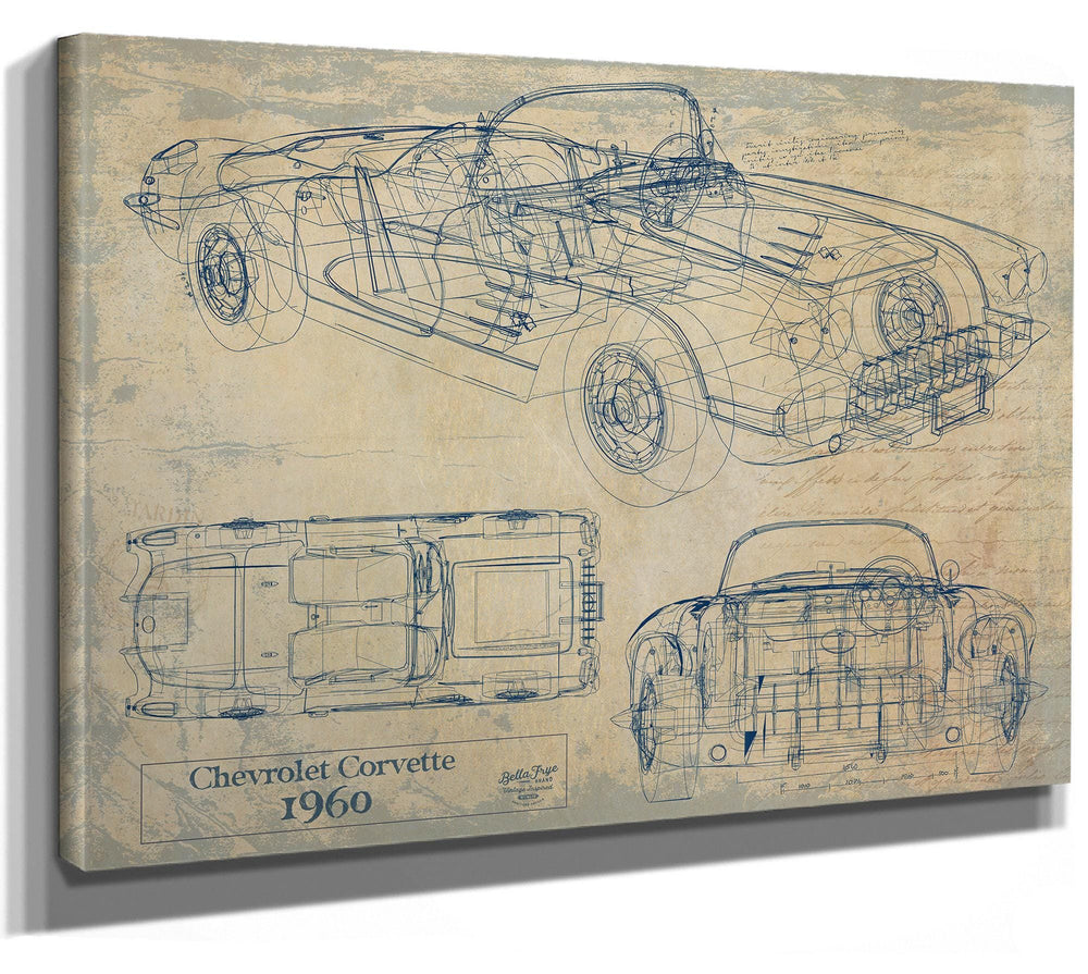 Cutler West 1960 Chevrolet Corvette blueprint with side, top, and front views on tan canvas wrap