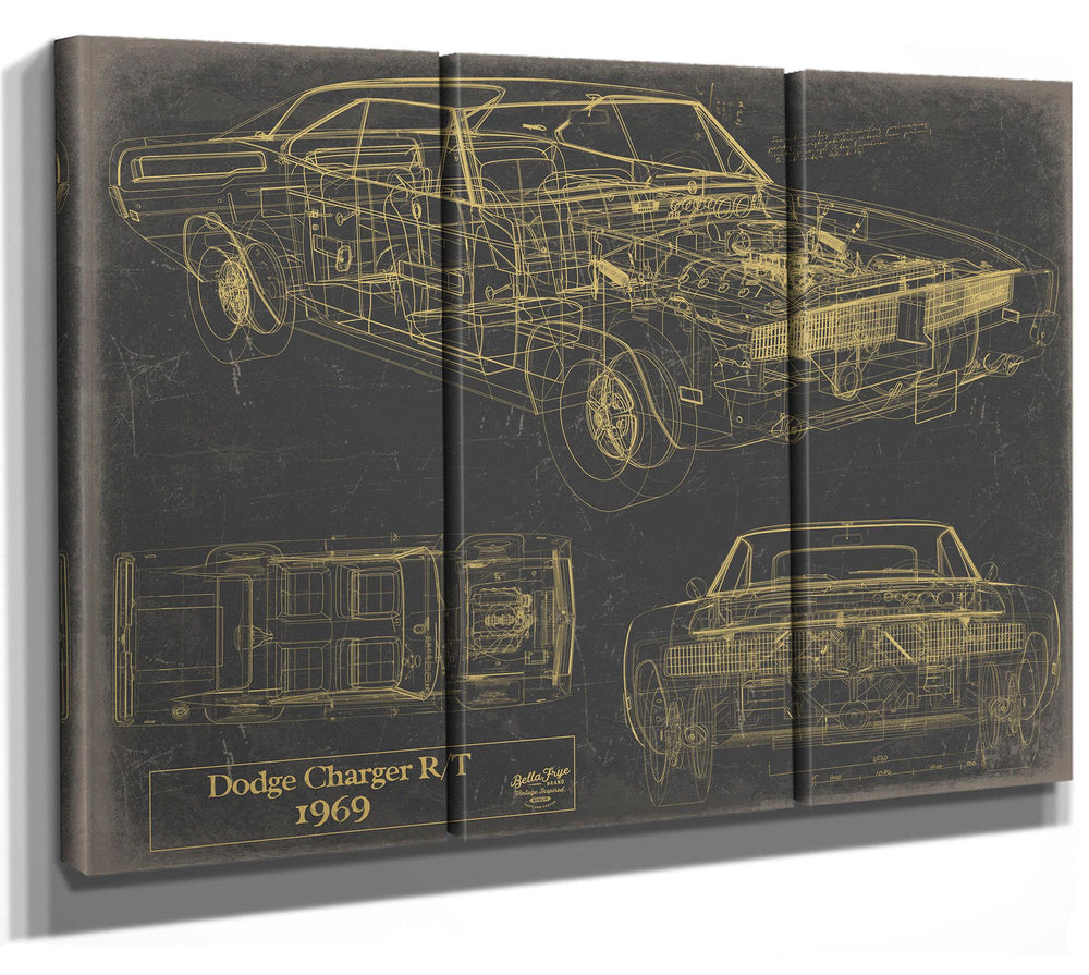 Cutler West 1969 Dodge Charger R/T technical blueprint on blue background, stretched canvas wrap