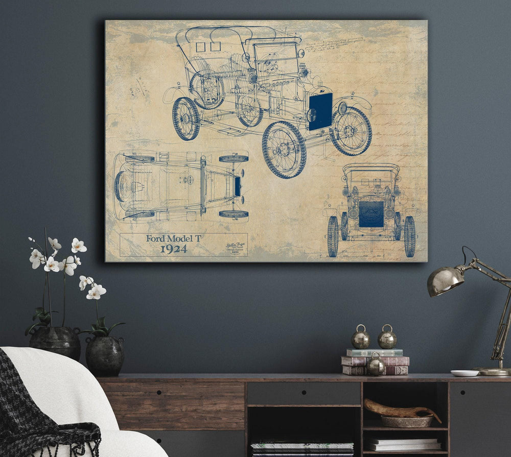 Cutler West Ford Model T 1924 blueprint showing front, side, and top views on blue background stretched canvas