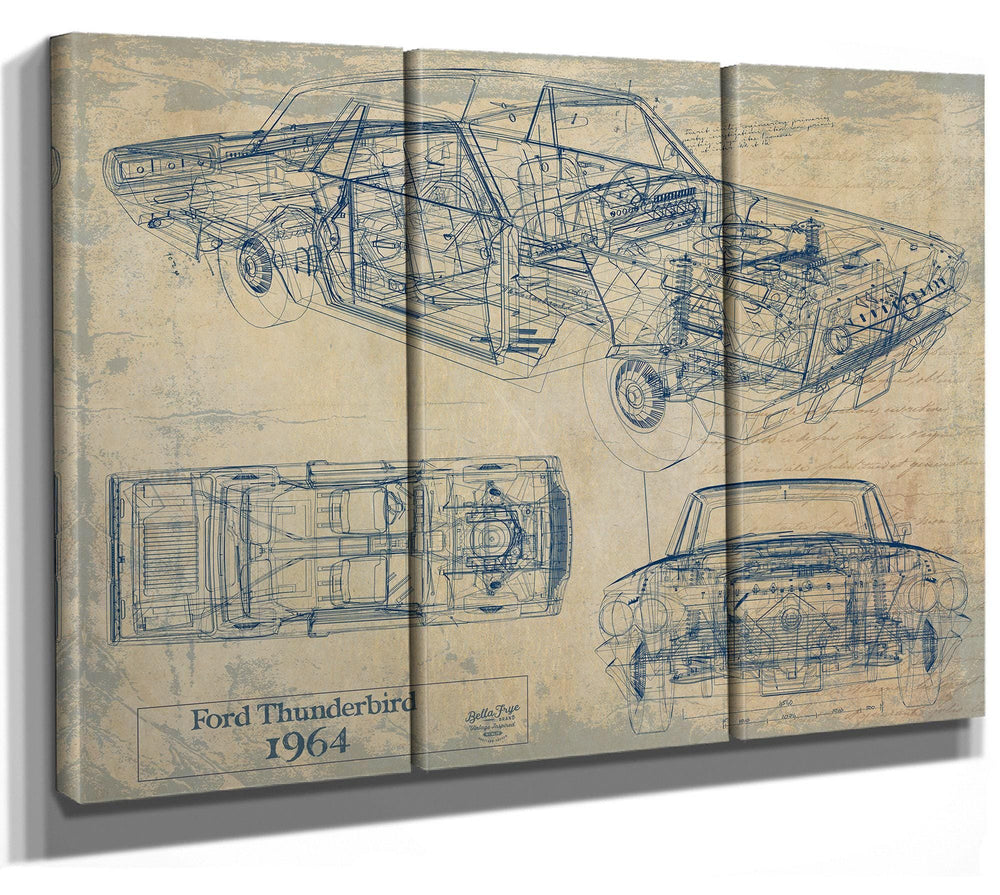 Cutler West 1964 Ford Thunderbird blueprint with side, top, and front elevation views on blue background stretched canvas