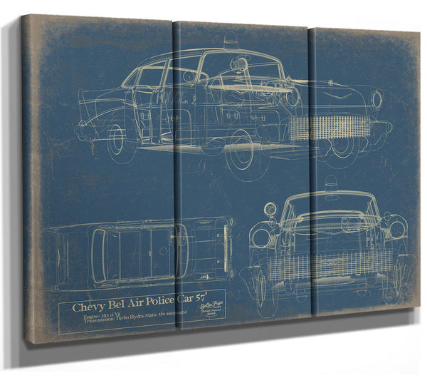 Cutler West Vintage 1957 Chevy Bel Air Police Car Blueprint - Gifts for Boyfriend - Original Auto Poster