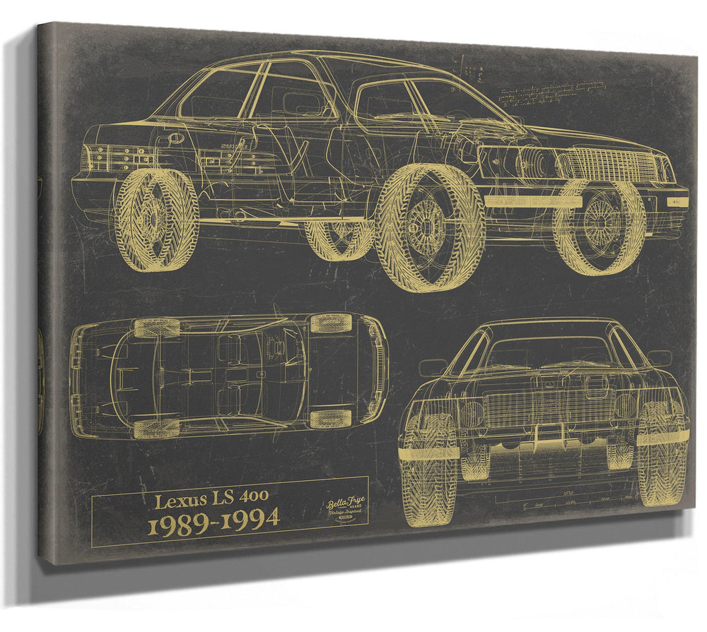 Cutler West Lexus LS 400 1989-1994 technical blueprint in gold on grey stretched canvas, side elevation and top/rear views