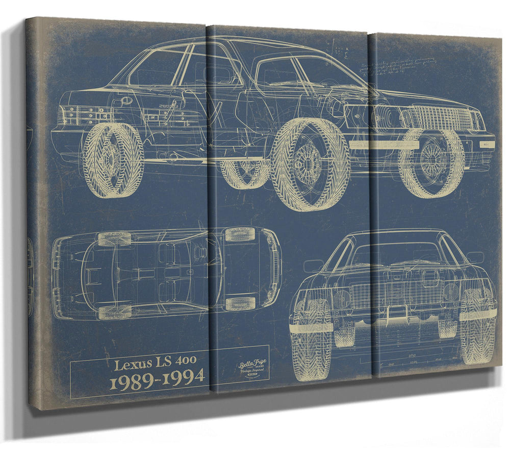 Cutler West Lexus LS 400 1989-1994 technical blueprint in gold on grey stretched canvas, side elevation and top/rear views