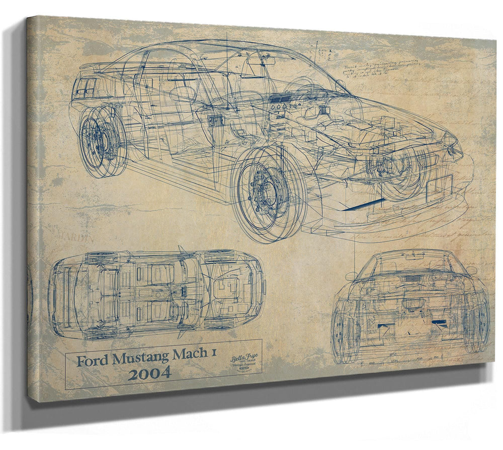 Cutler West Ford Mustang Mach 1 2004 technical blueprint drawing on brown stretched canvas wrap