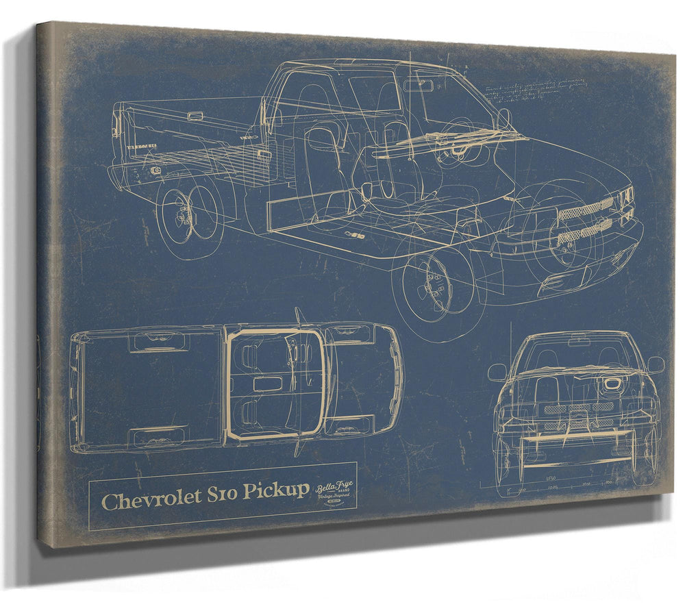 Cutler West Chevrolet S10 Pickup blueprint with multiple views on blue background, stretched canvas wrap