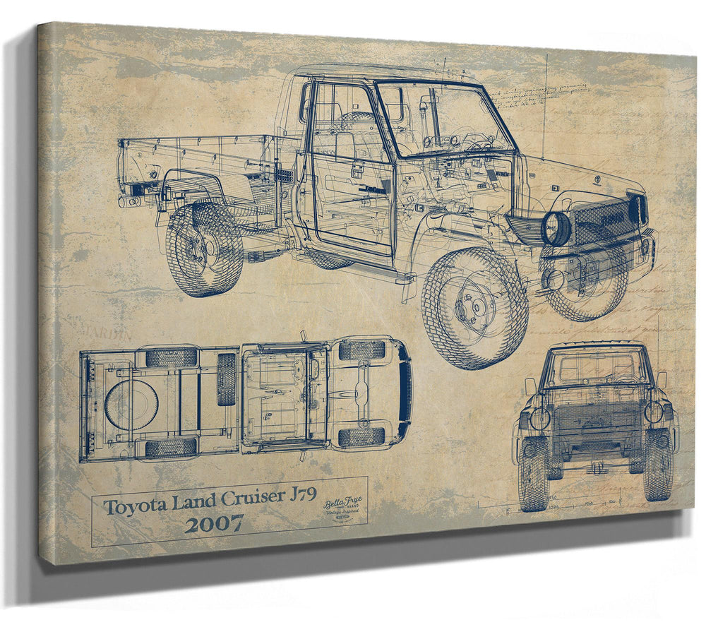 Cutler West Toyota Land Cruiser J79 2007 technical blueprint with multiple views on brown stretched canvas