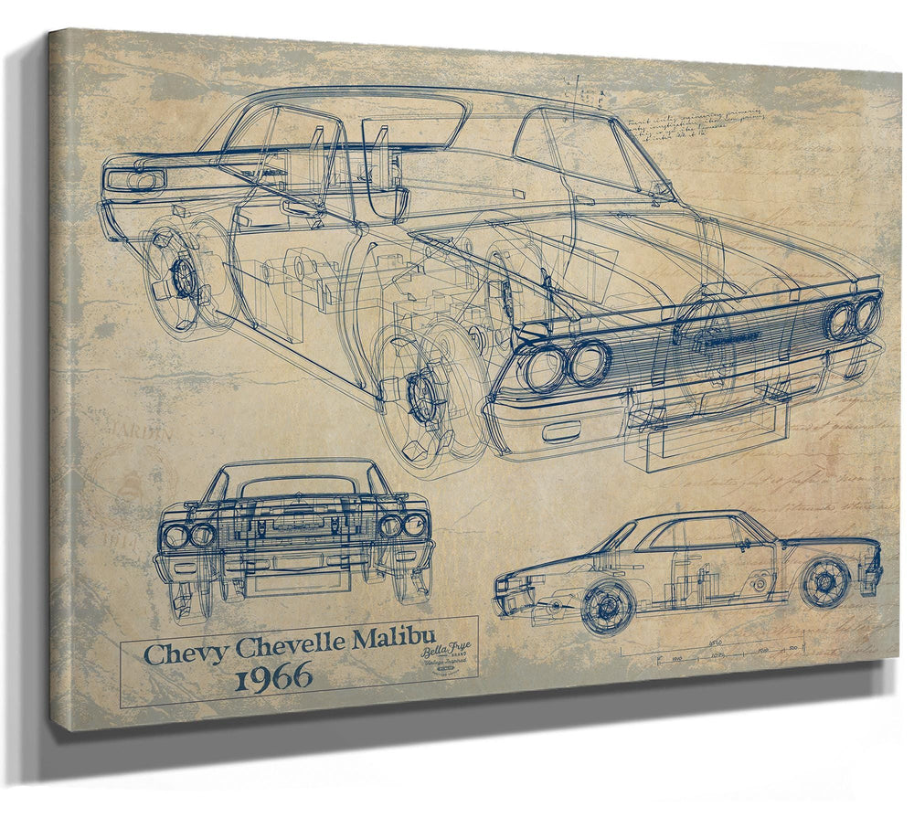 Cutler West 1966 Chevy Chevelle Malibu technical blueprint drawing on brown canvas wrap showing side, front, and detail views