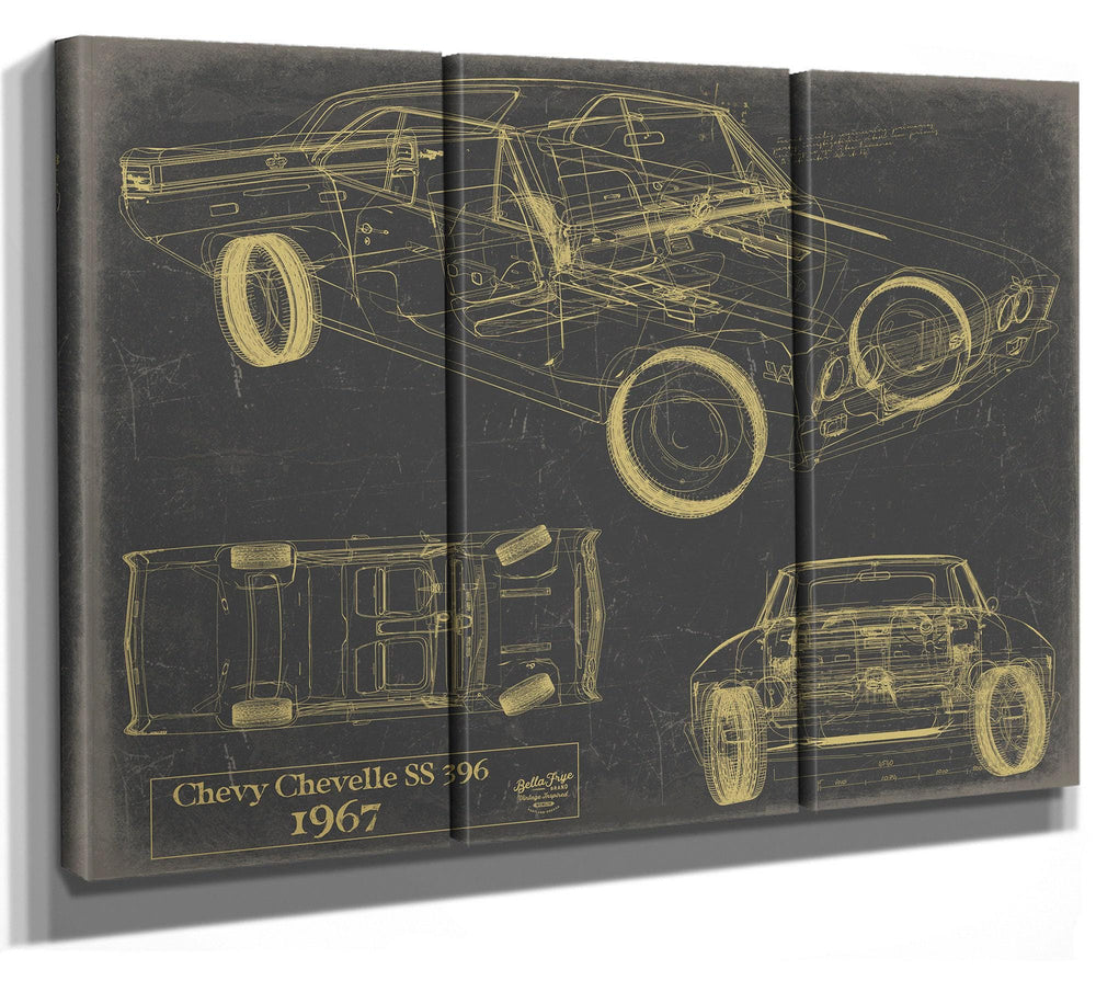 Cutler West 1967 Chevy Chevelle SS 396 blueprint art on stretched canvas wrap with blue background