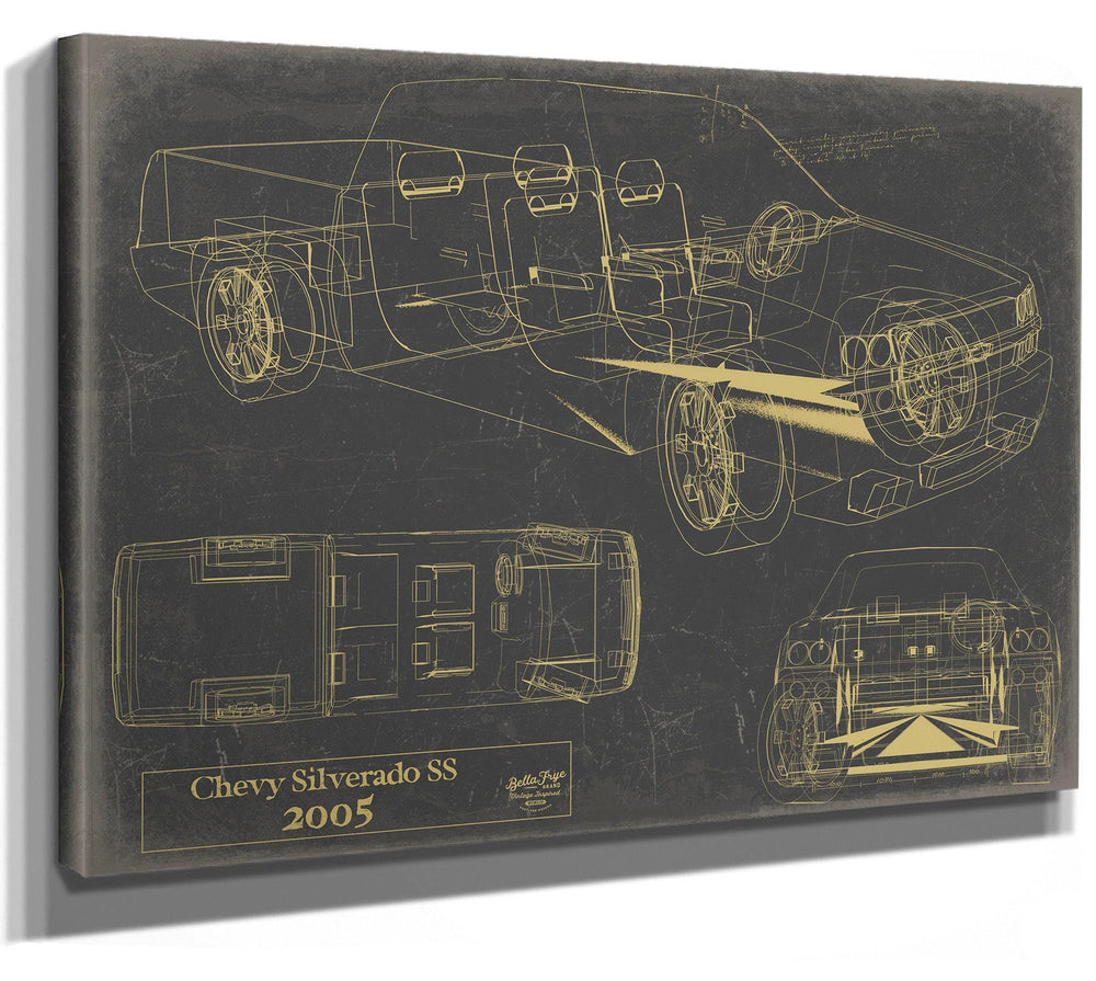 Cutler West 2005 Chevy Silverado SS technical blueprint on grey stretched canvas with side elevation, floor plan, and interior views