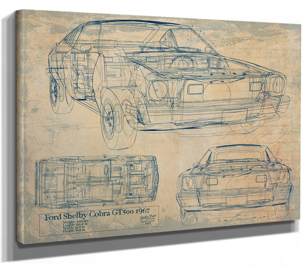 Cutler West Ford Shelby Cobra GT500 1967 technical blueprint drawing on brown canvas wrap