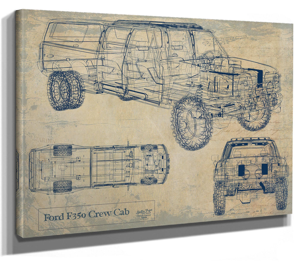 Cutler West Ford F350 Crew Cab technical blueprint with side, top, and front views on brown stretched canvas