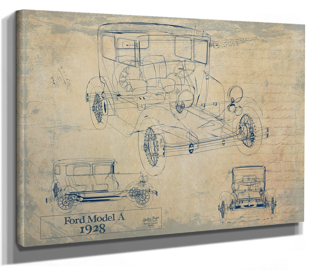 Cutler West Ford Model A 1928 technical blueprint drawings on brown canvas wrap with three vehicle views