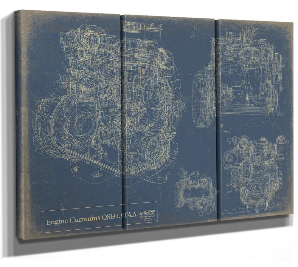 Cutler West Cummins QSB4.5TAA engine blueprint on brown stretched canvas with multiple technical views