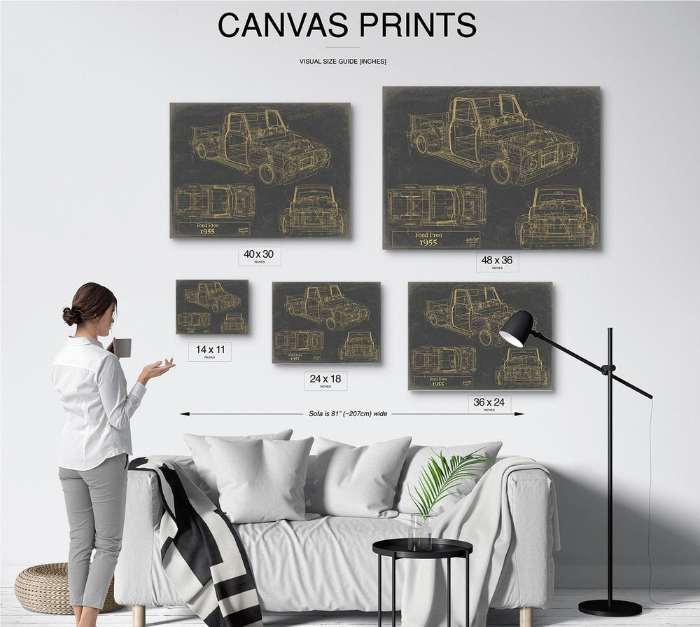 Cutler West Ford Willys MB blueprint art with side, front, and detail views on blue background, stretched canvas wrap
