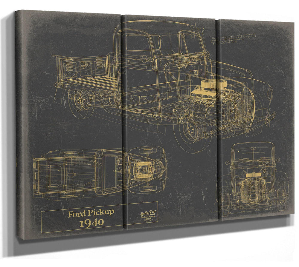 Cutler West 1940 Ford Pickup blueprint print on brown stretched canvas wrap showing side, top, and front elevation views