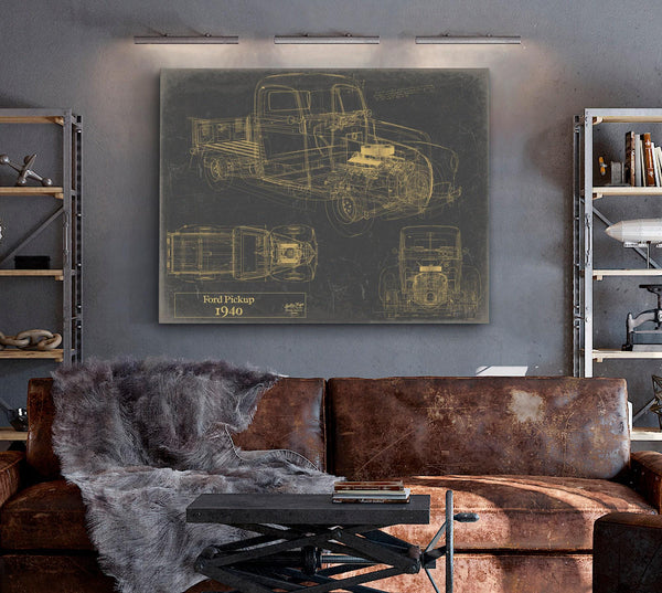 Cutler West 1940 Ford Pickup, Truck Model Mancave Blueprint Art