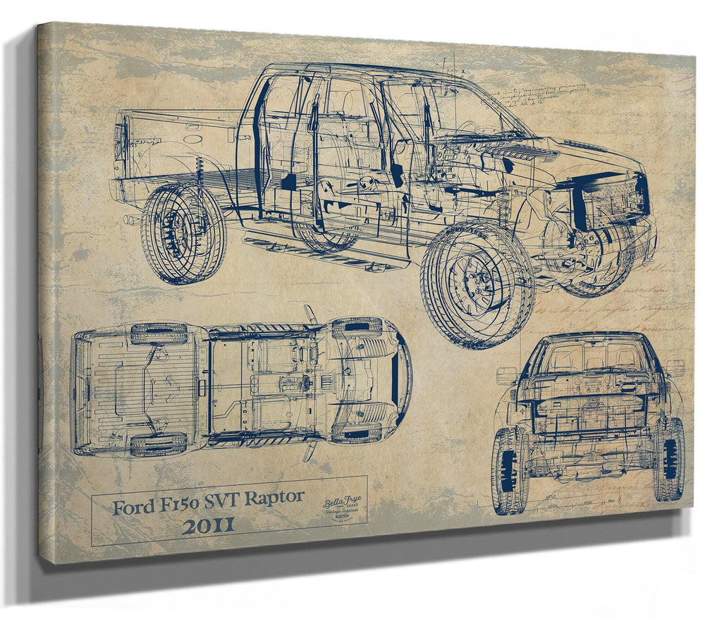 Cutler West Ford F150 SVT Raptor 2011 technical blueprint with top, side, and front views on brown canvas