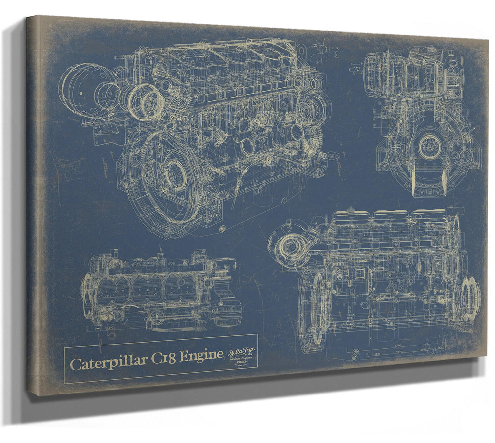 Cutler West Caterpillar Cr8 Engine blueprint print on stretched canvas wrap with blue background showing multiple engine views
